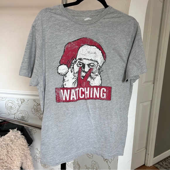 Holiday Time Tops - Ugly sweater party Santa tee grey “watching “ shirt top medium